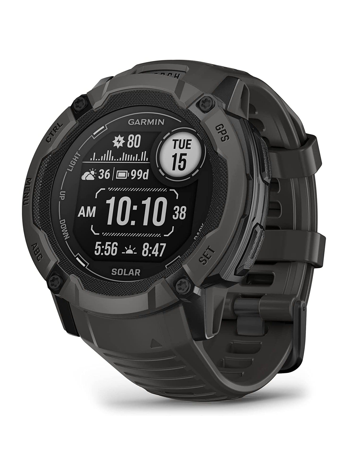 Instinct 2X Solar - 50MM - Unlimited Battery Life In Smartwatch Mode With Solar Charging1 - 1.1"inch Monochrome Display with Tough Body, Scratch Resistant, Power Glass™, Heart Rate Monitor, All Day Stress Monitor, Built-in Sports Apps, Super Bright LED Flashlight, iOS and Android Compatible Graphite