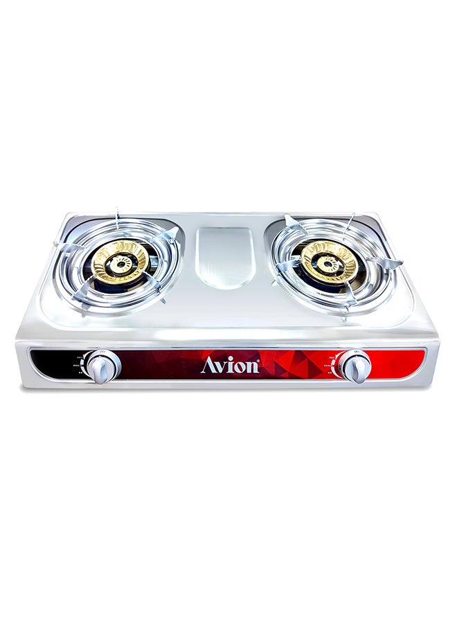 Double Burner Gas Stove Durable Cast Iron Burner Auto Ignition -Energy Efficient Burners Stainless Steel Body Heat Resistant Electroplate Pan Support Low Gas Consumption AGS27EP