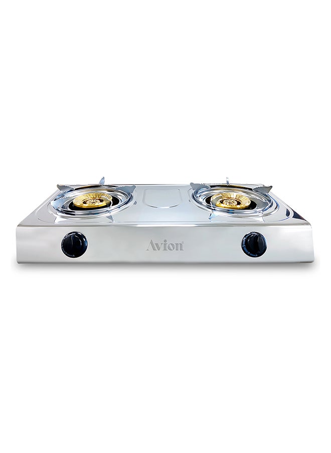 Double Burner Gas Stove Durable Brass Burner Cap Auto Ignition - Energy Efficient Burners Stainless Steel Body Heat Resistant Electroplate Pan Support Low Gas Consumption AGS28BB