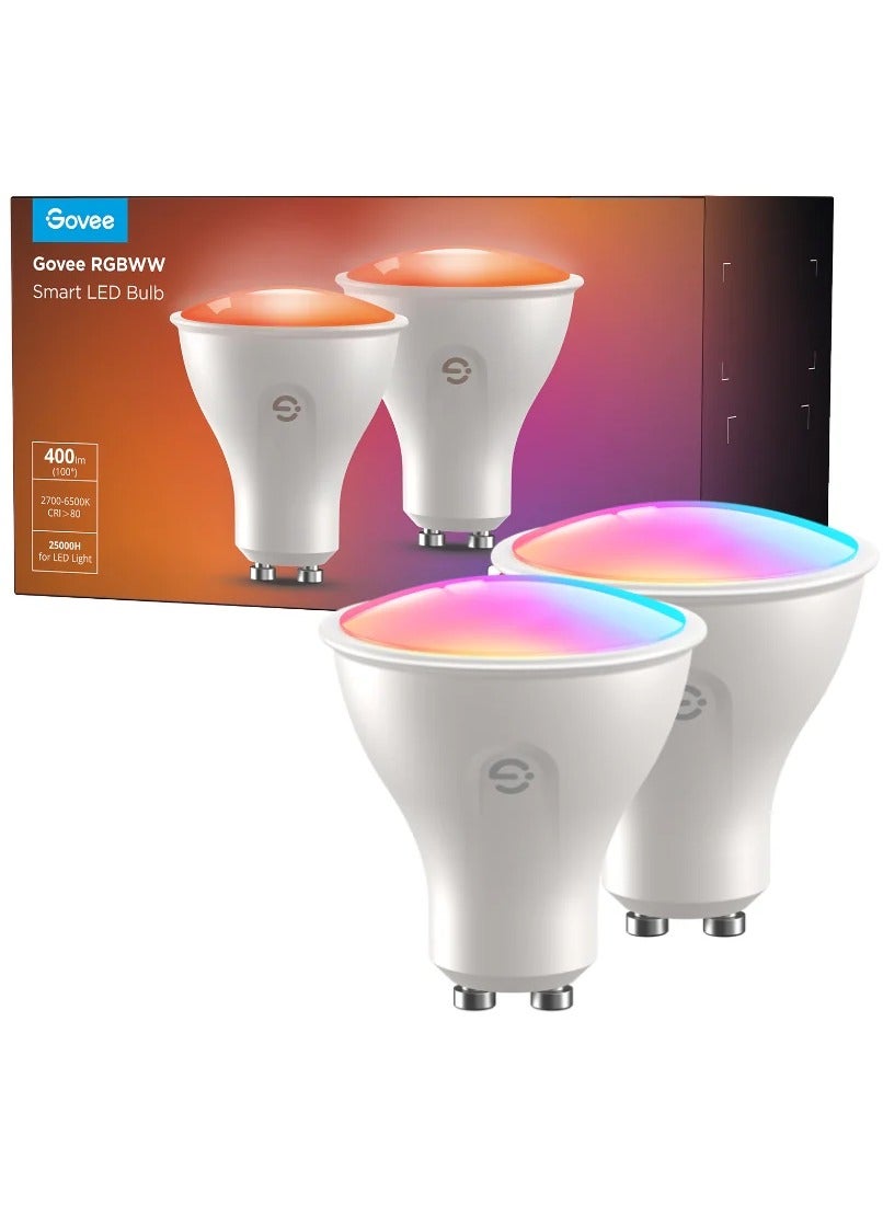 RGBWW Smart Light Bulbs, 400lm Lumens, 2700K-6500K Color Temperature, 4.8W Wattage, 2.4GHz Wi-Fi + Bluetooth Connectivity, App & Voice Control Methods, White | H600D 2-PCK