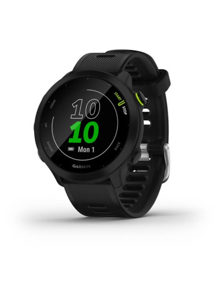 Forerunner 55 - 42MM - Up To 14 Days Battery Life - 1.04"inch Sunlight-Visible Display, Scratch Resistant, Chemically Strengthened Glass, Heart Rate Monitor, All Day Stress Monitor, Advanced GPS and Running Features, Built-in GNSS and Sports App, iOS and Android Compatible Black