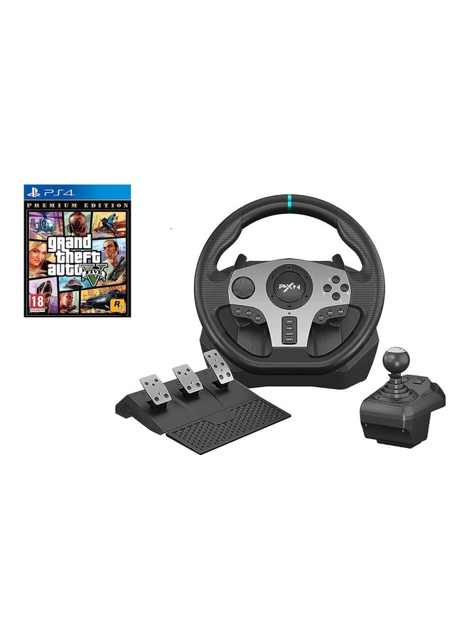 Grand Theft Auto V - Action & Shooter With 900 Degree Double Vibration Racing Steering Wheel With Shifter For PC/PS3/PS4/Xbox One/Series/Switch - Wired - Action & Shooter - PlayStation 4 (PS4)