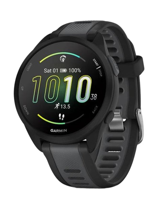 Forerunner 165 Music - 43MM - Up To 11 Days Battery Life - 1.2"inch Amoled Display, Scratch Resistant, Chemically Strengthened Glass, Heart Rate Monitor, Stress Tracking, Save Music On Device, Advanced GPS and Running Features, Built-in GNSS and Sports App, iOS and Android Compatible Black/Slate grey