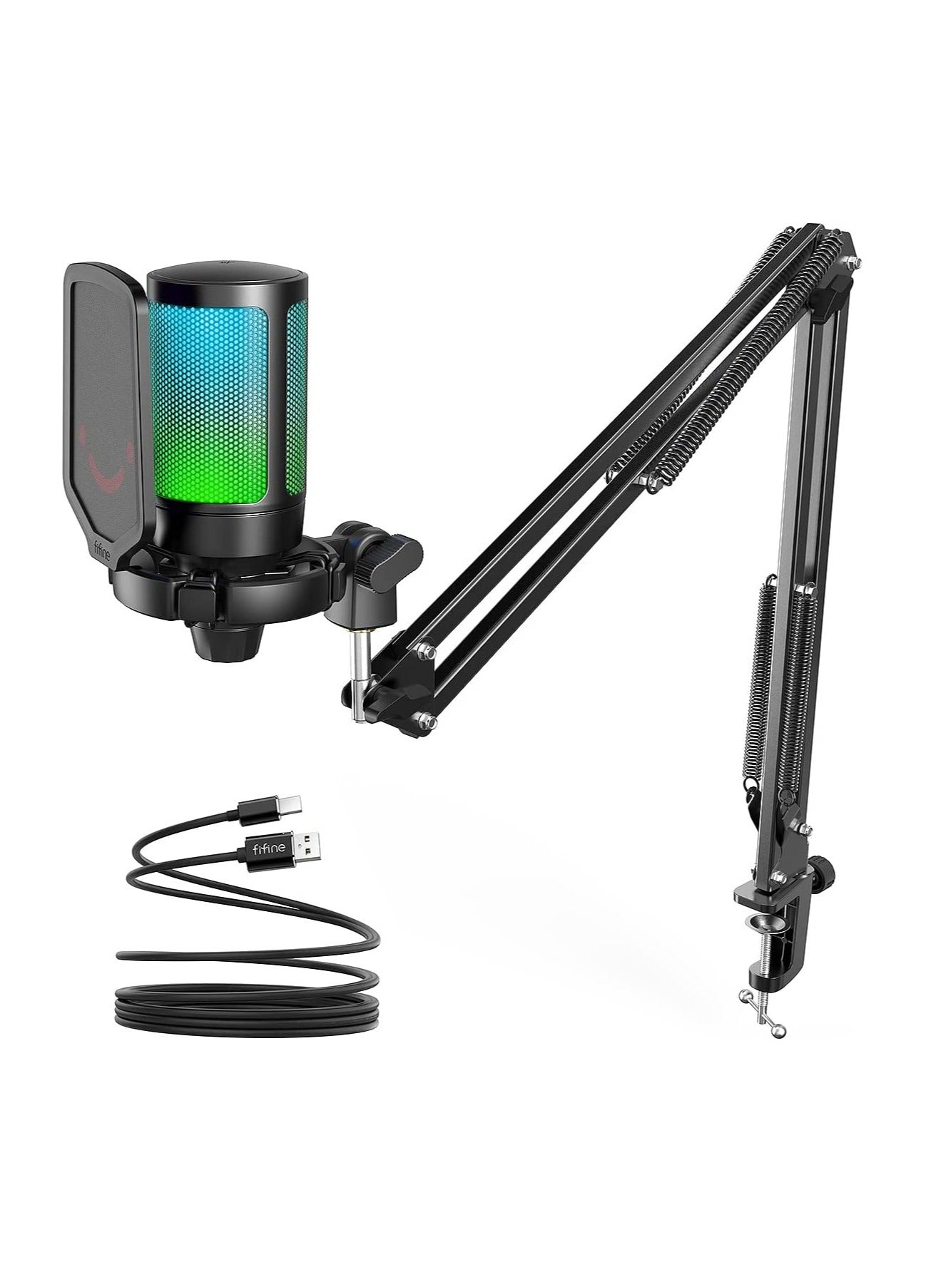 USB Gaming Microphone Kit, RGB Condenser Microphones Set For PC PS4 PS5 With Mute Button, PopFilter, Microphone Arm, Shock Mount For Streaming Podcast YouTube Videos A6T Black