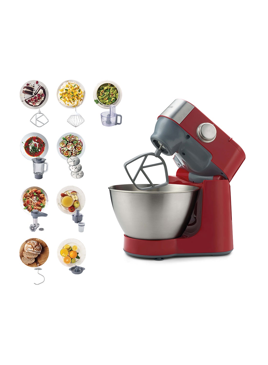 Kenwood Stand Mixer Kitchen Machine Prospero  With  Stainless Steel Bowl, K-Beater, Whisk, Dough Hook, Glass Blender, Food Processor, Meat Grinder, Juicer, Citrus Juicer 4.3 L 900 W KM241002 Red